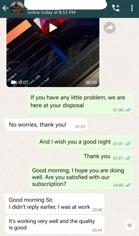 WhatsApp review from a IPTVUS4K customer