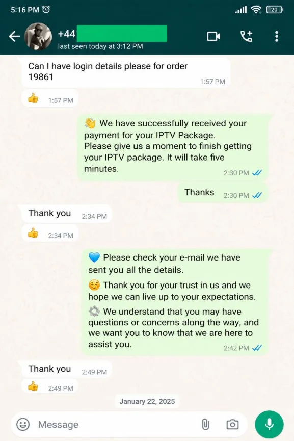 WhatsApp review from a IPTVUS4K customer