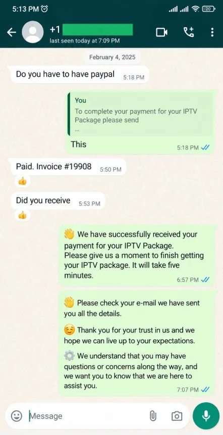 WhatsApp review from a IPTVUS4K customer